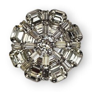 Weiss White Rhinestone Flower Brooch Double Layer Round Rhodium Plated Vtg 2"